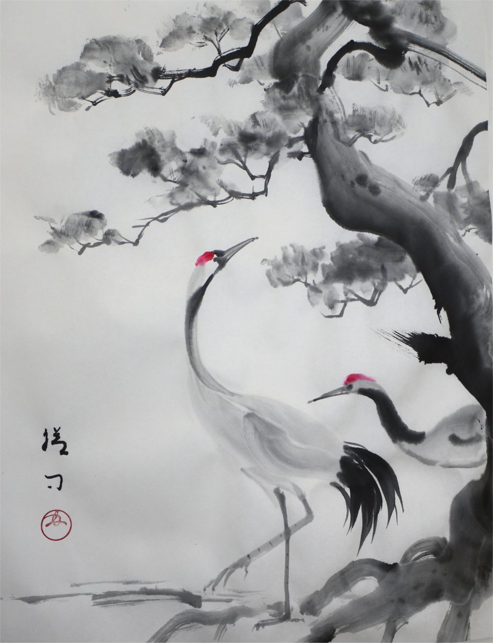 23009「松と鶴」水墨画による原画（福田　筆）