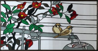 椿に雀のステンドグラス
