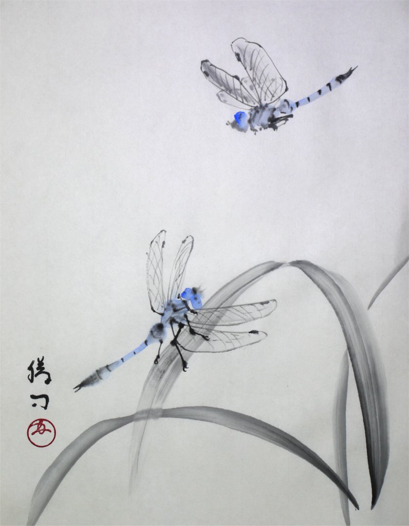 水墨画（彩墨画）「蜻蛉-シオカラトンボ-」福田勝司筆